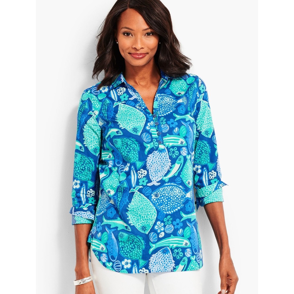 The Classic Casual Popover - Under-the-Sea Print Small Beach Talbots Blue Fish